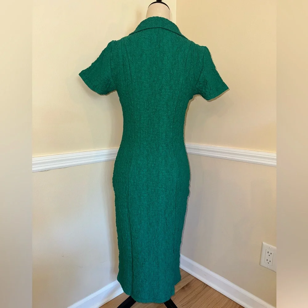NWOT By Anthropologie Green Textured Short-Sleeve Collared Button Midi Dress XS - Picture 4 of 5